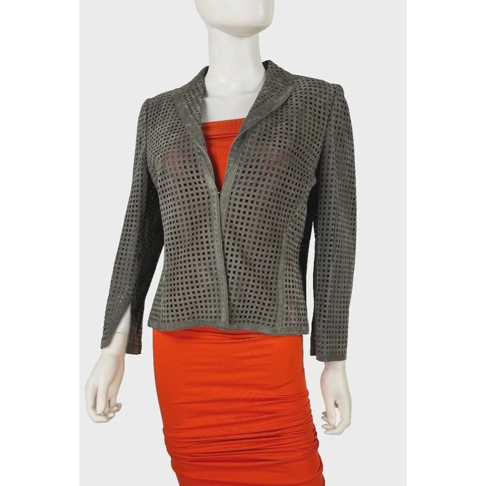 $5K Akris Gray Laser Cut Lamb Suede Leather Jacket Coat 10 US 46 IT 40 M Runway - Picture 5 of 6